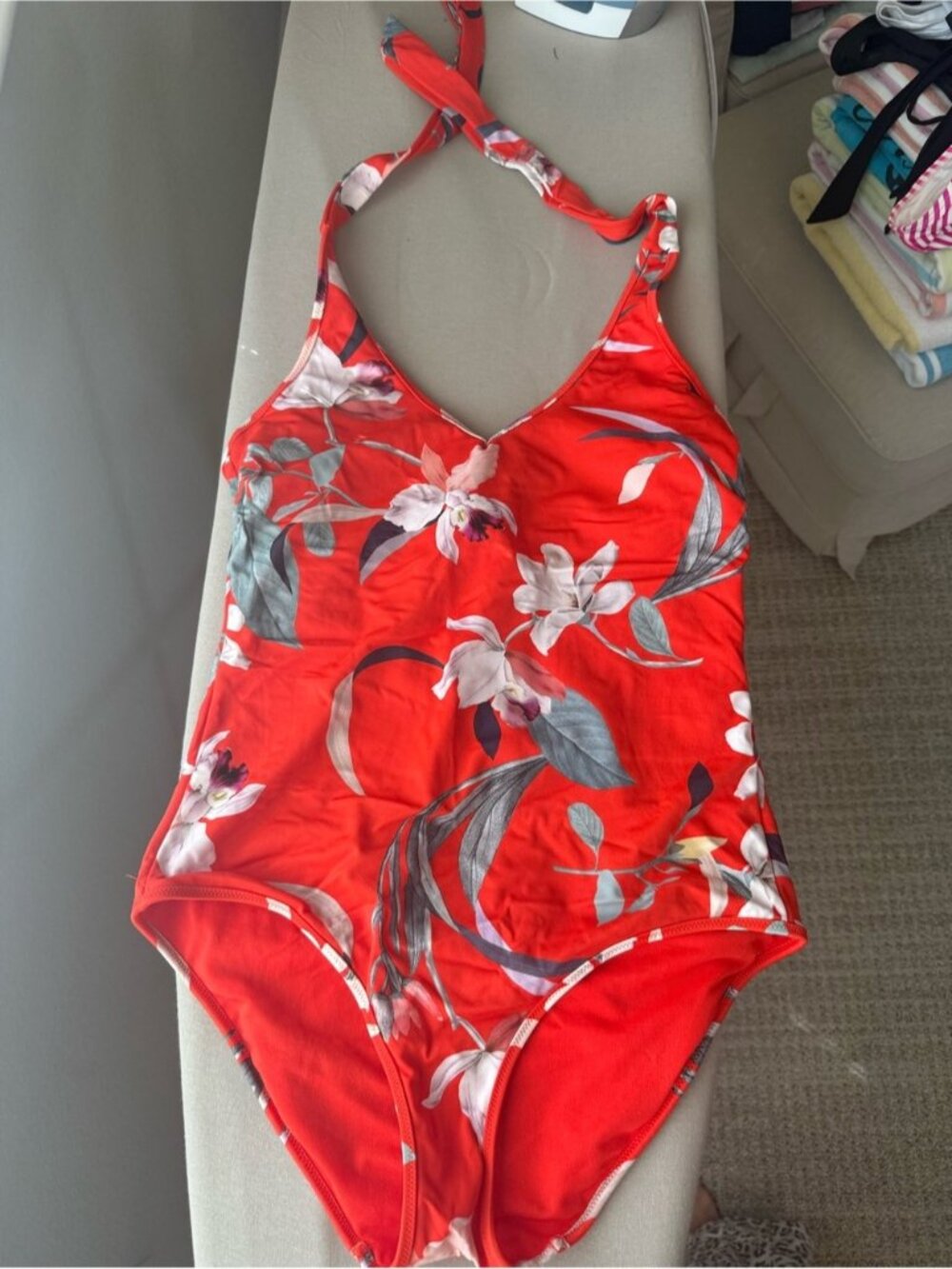 Athleta Red Floral Halter One-Piece Swim